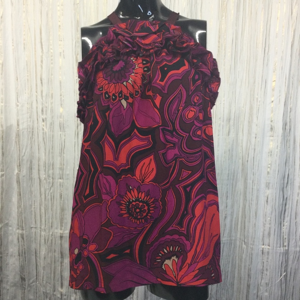 Trina Turk 100% Silk Ruffled Halter Blouse - Red, Pink & Purple - L - NWT